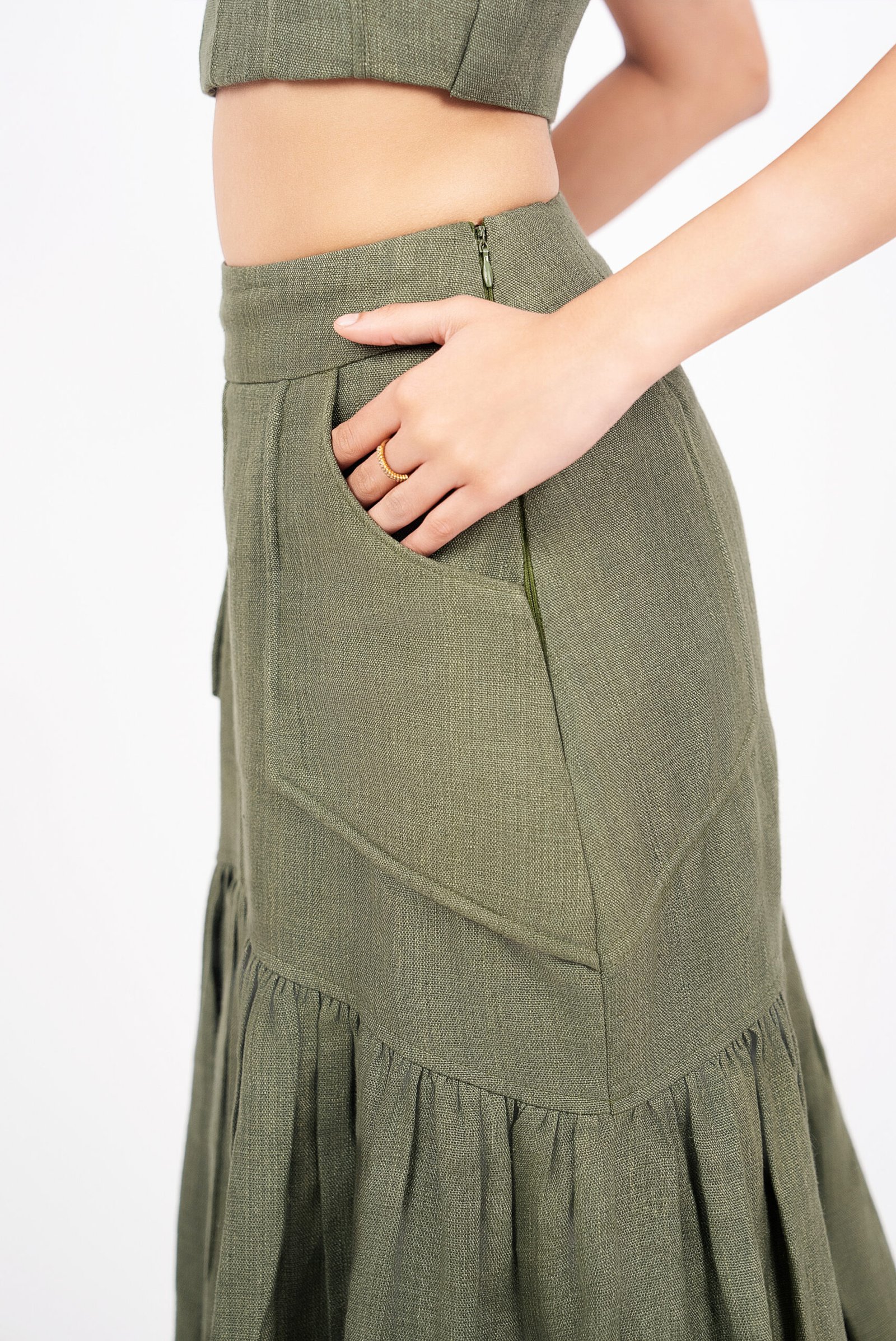 Premium Linen Gathered Long Skirt with Pipin Detailed - Fifth Object